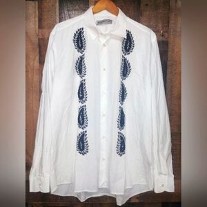 ETRO Embroidered Men's Dress Shirt White Blue Button Long Sleeve Embellished